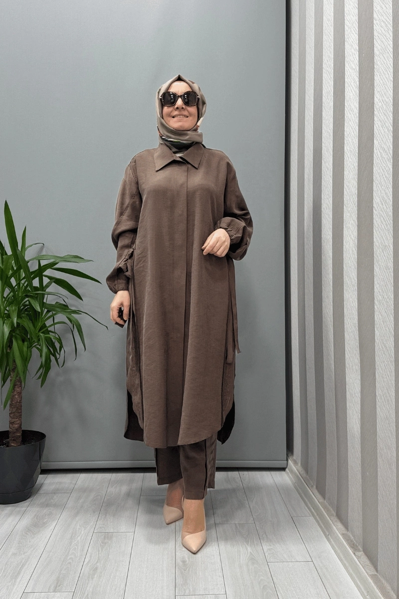 Misswhence Nakış Detaylı Gömlek Pantolon Takım Kahverengi 37301
