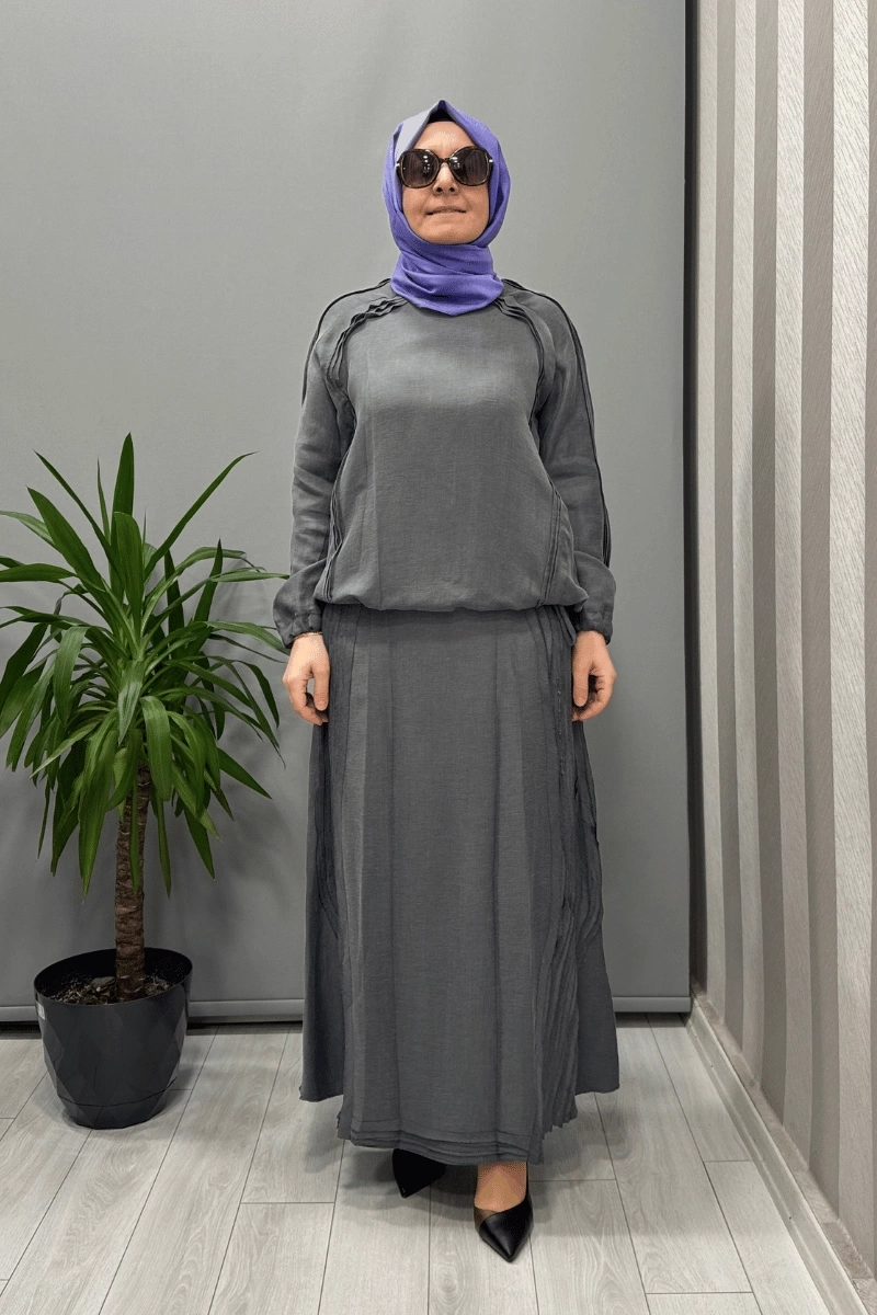 Misswhence Nervürlü İpek Keten Takım Gri 37009