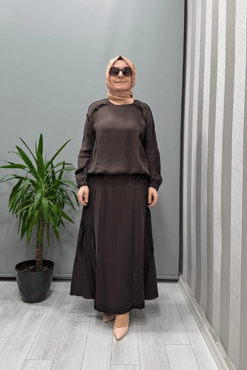 Misswhence Nervürlü İpek Keten Takım Kahverengi 37009