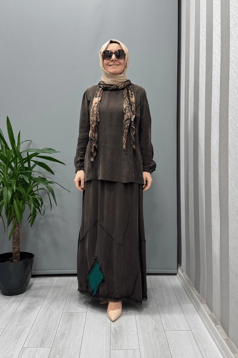 Misswhence Patchwork Detailed Blouse Skirt Set Brown 37003
