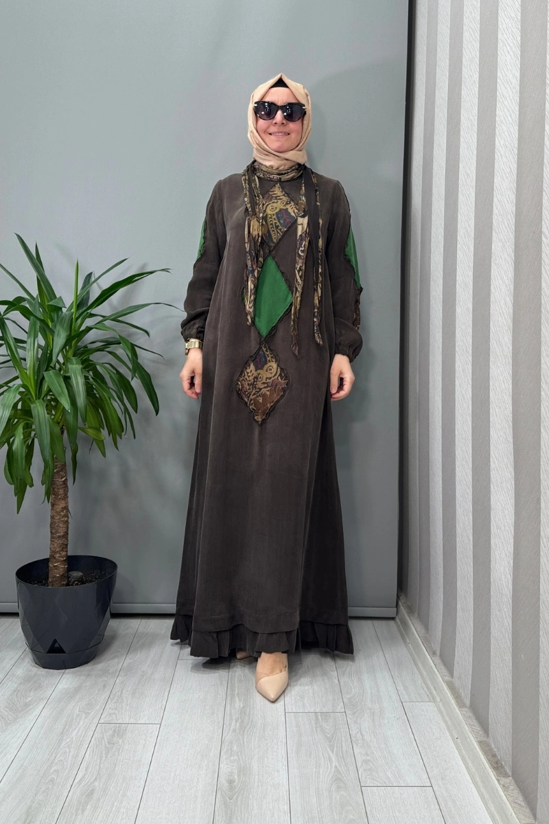 Misswhence Patchwork Detaylı Fularlı Elbise Kahve 37803