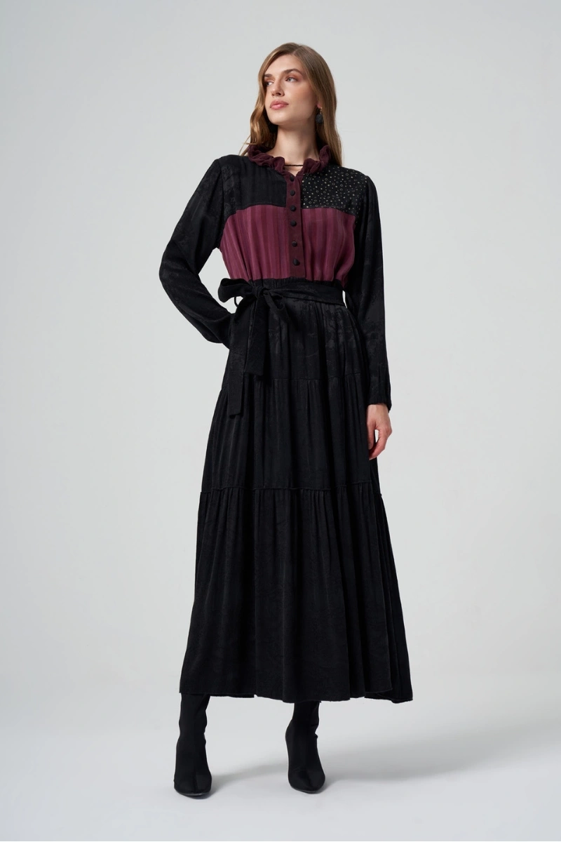 MissWhence Patchwork İpek Elbise Siyah 36821