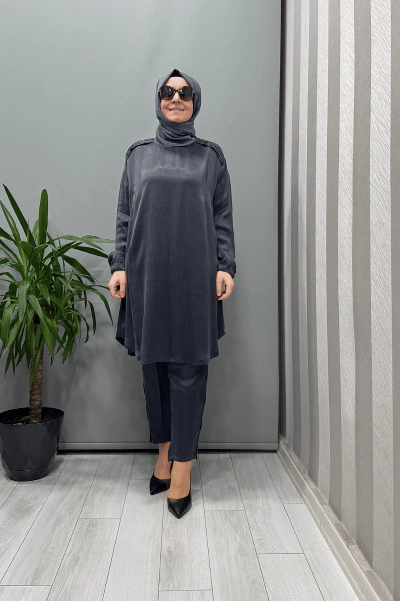 Misswhence Saten İpek Tunik Pantolon Takım Antrasit 37017