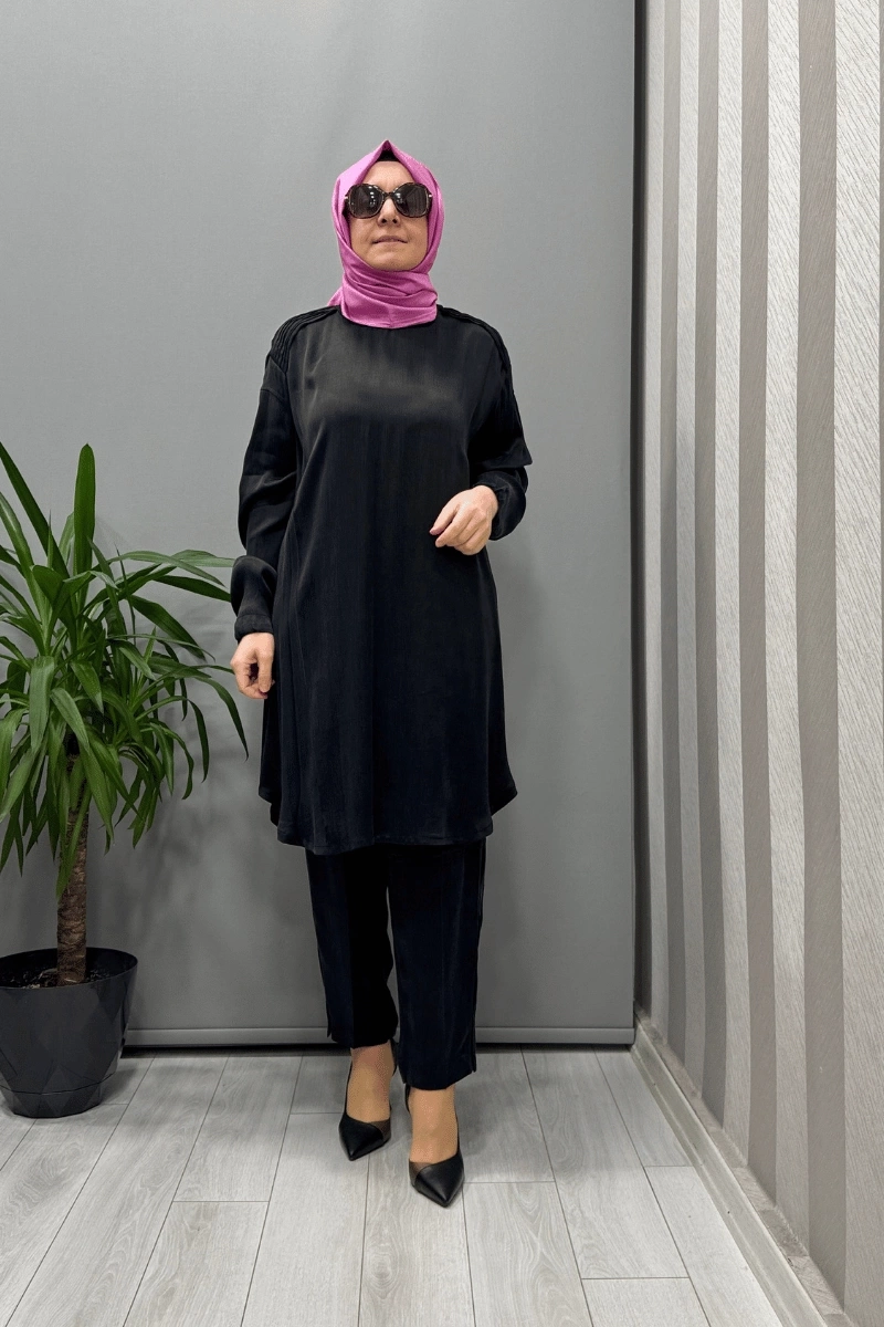 Misswhence Saten İpek Tunik Pantolon Takım Siyah 37017