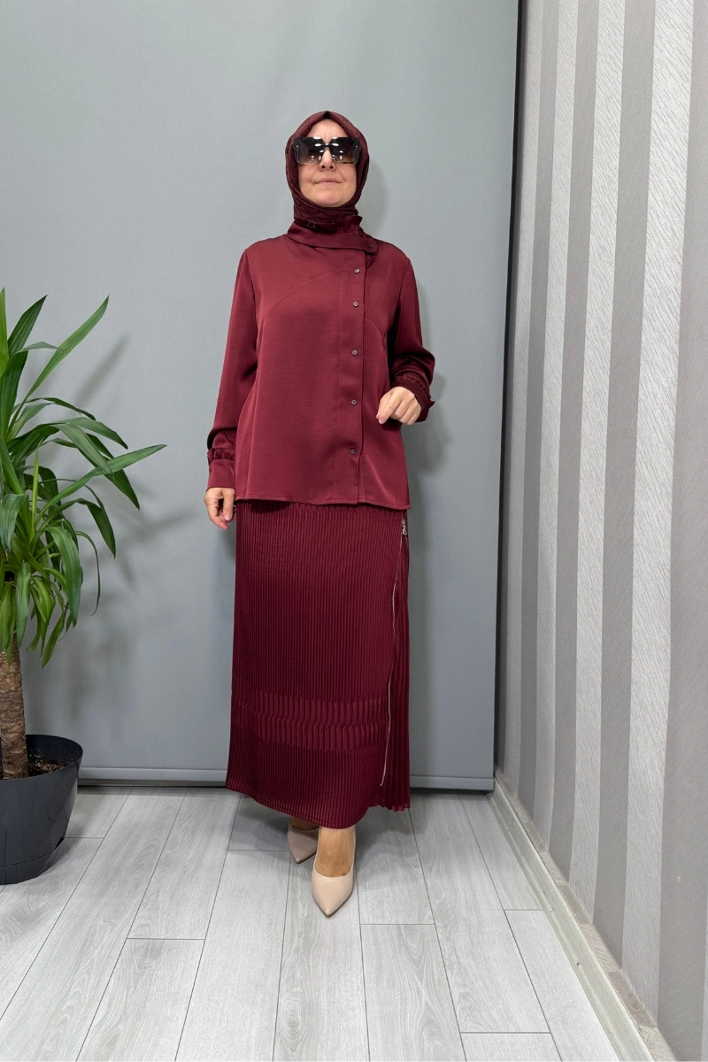 Misswhence Saten Pliseli Etek Takım Bordo 38015