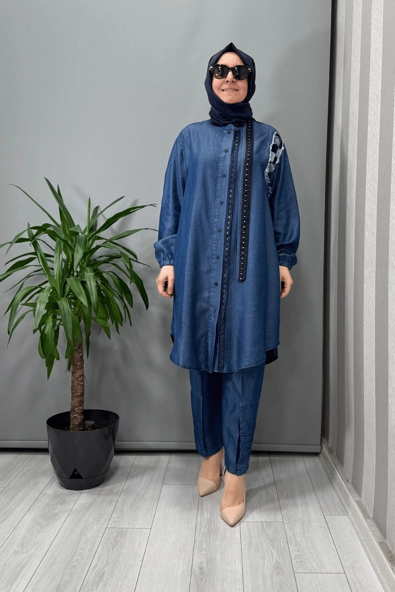 Misswhence Tencel Kot Gömlek Pantolon Takım Lacivert 37307