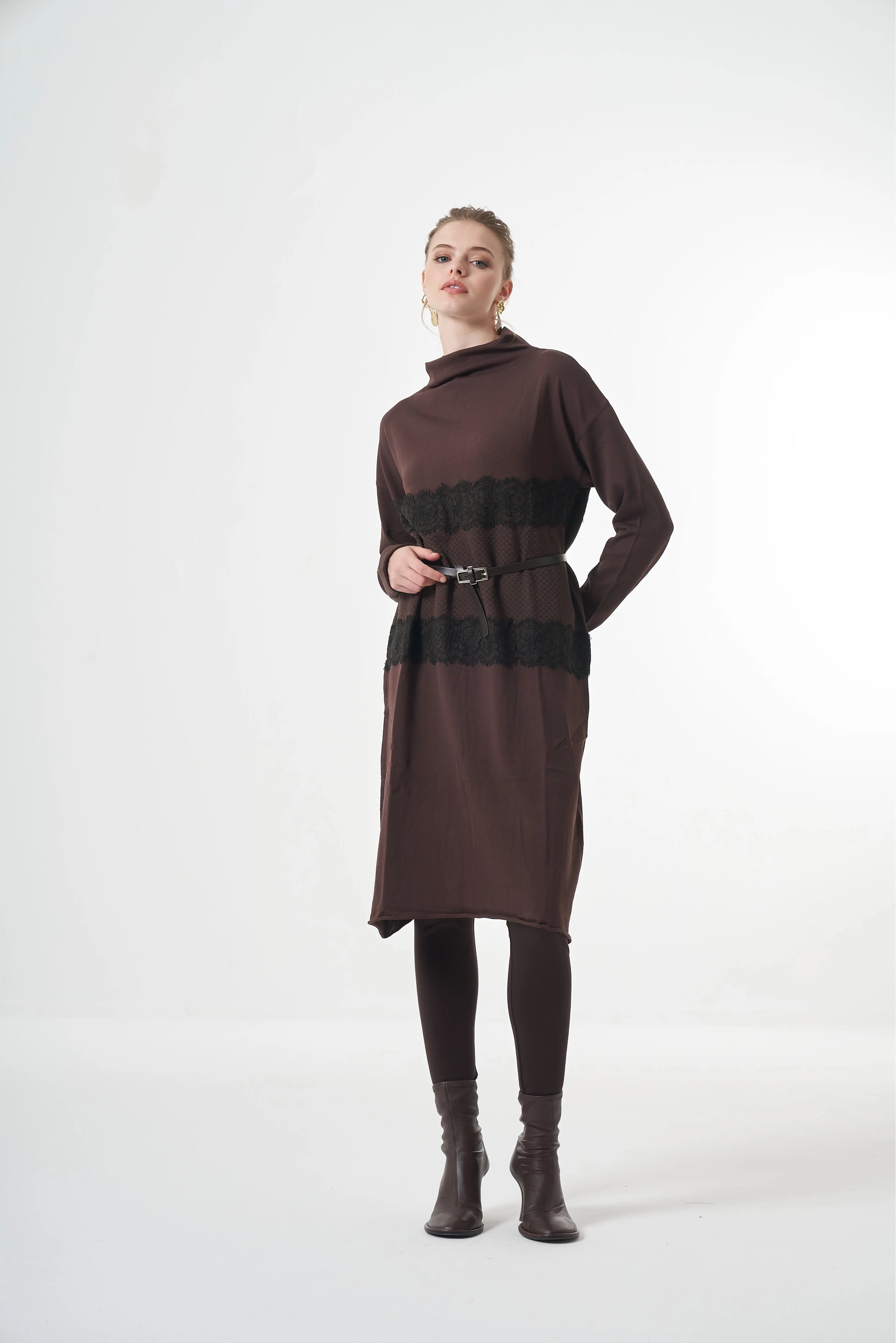 Misswhence Triko Dantel Detaylı Tunik Kahve Miss248