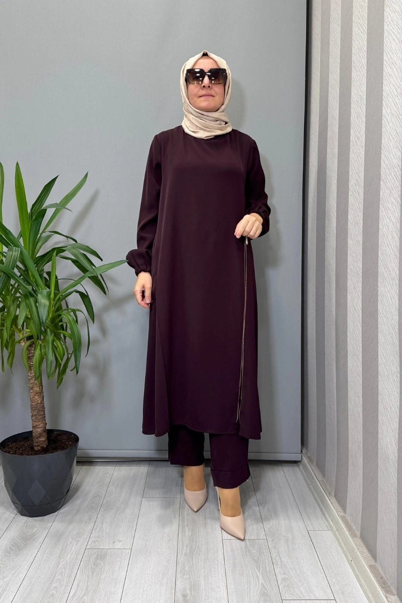 Misswhence Yandan Fermuar Detaylı Tunik Pantolon Takım Bordo 38028