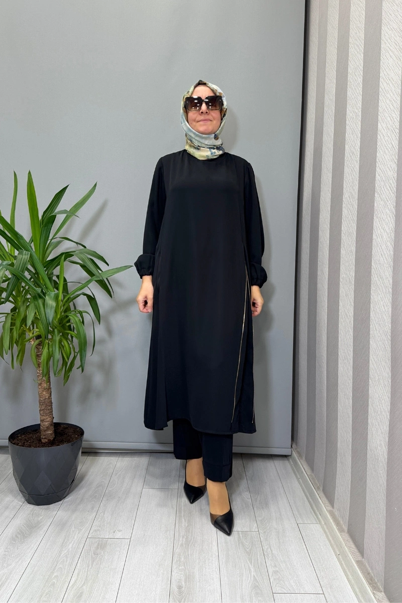 Misswhence Yandan Fermuar Detaylı Tunik Pantolon Takım Siyah 38028
