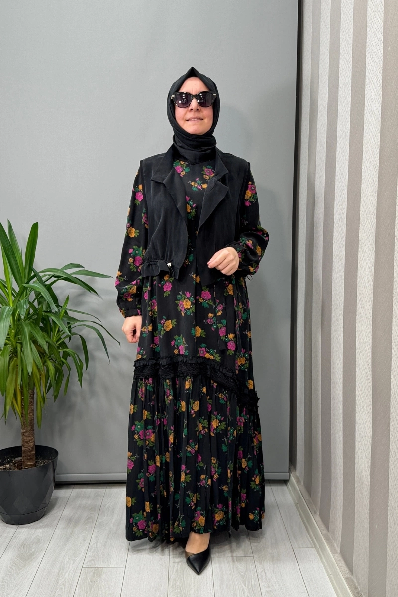 Misswhence Yelekli Çiçek Desenli Cupra İpek Elbise Siyah 37816