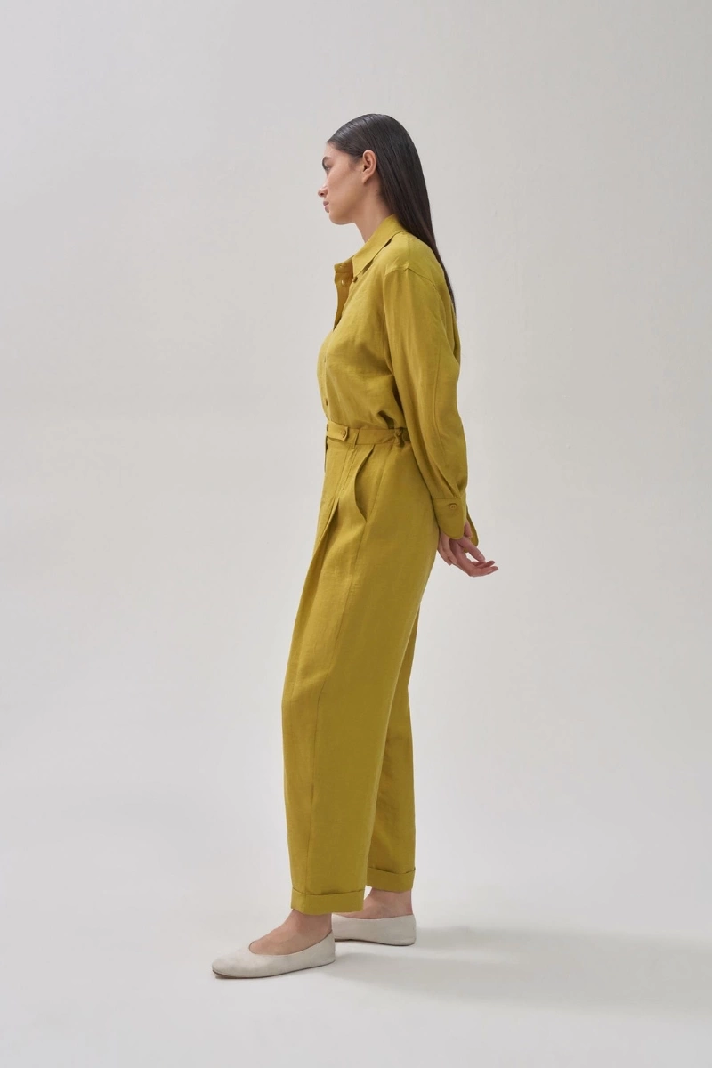 QOOQ Tenket Keten Pantolon Yağ Yeşili 24SS327