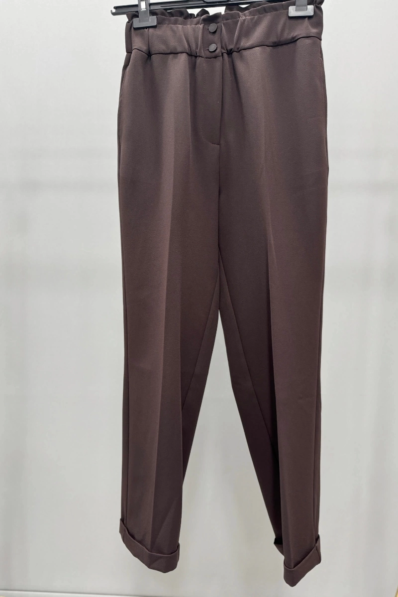 Sentez Beli Lastikli İnce Duble Paça Pantolon Kahve 5514