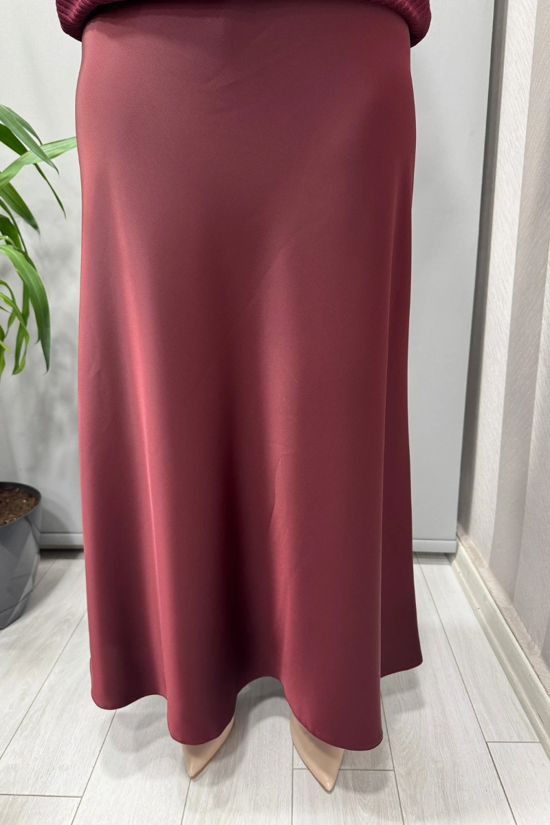 Sentez Luna Saten Volanlı Etek Bordo 5457