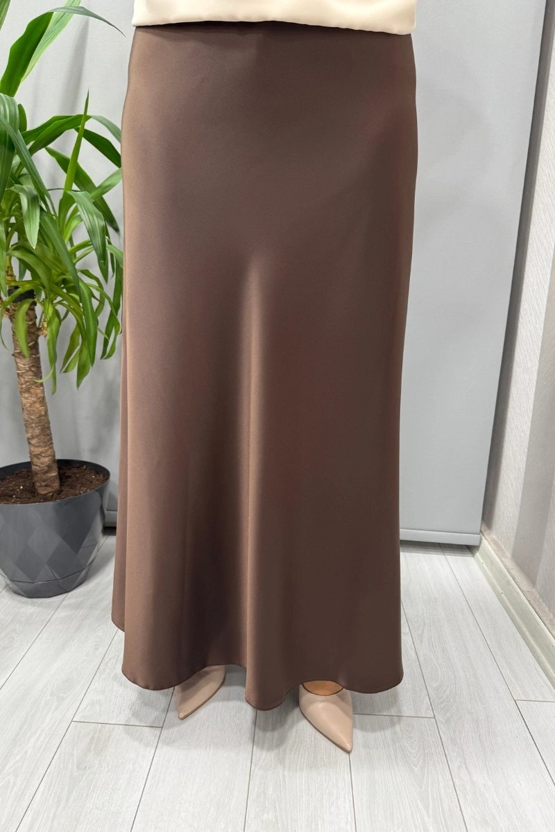 Sentez Luna Saten Volanlı Etek Kahve 5457
