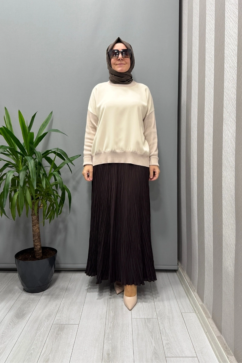 Sentez Şifon Kırıştırma Etek Kahve 5432