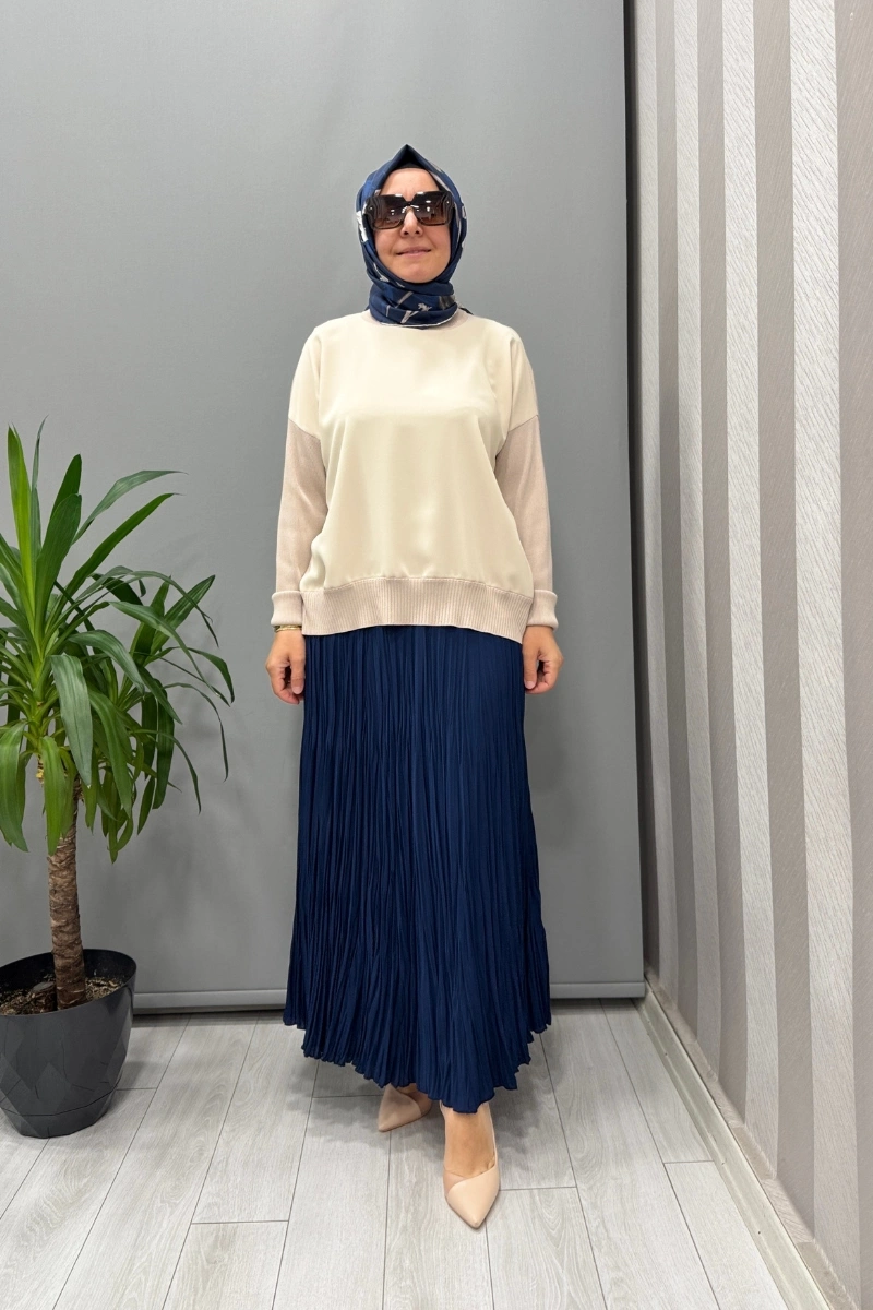 Sentez Şifon Kırıştırma Etek Leopar Lacivert 5432