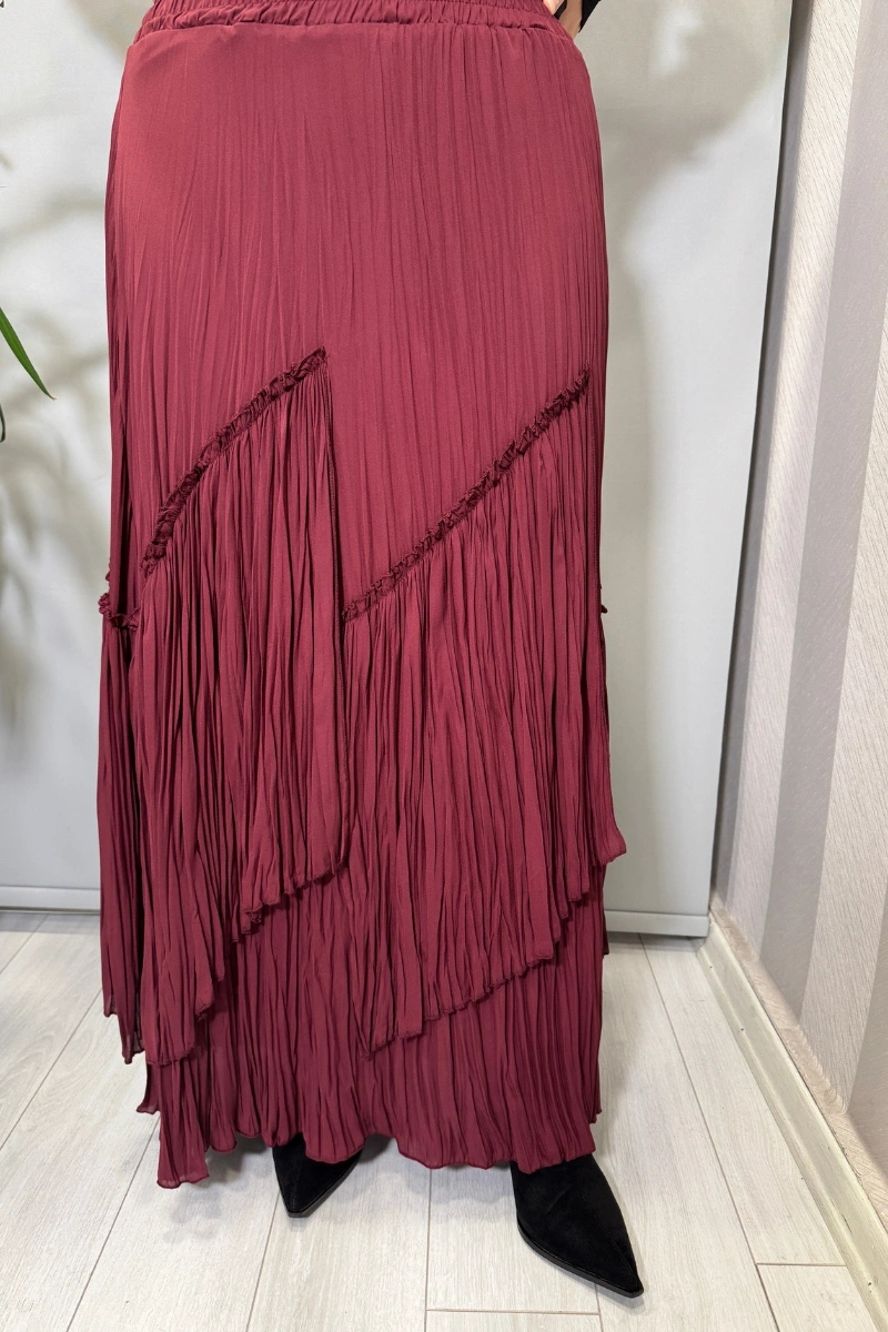 Sentez Vioala Parçalı Kırıştırma Etek Bordo 5475