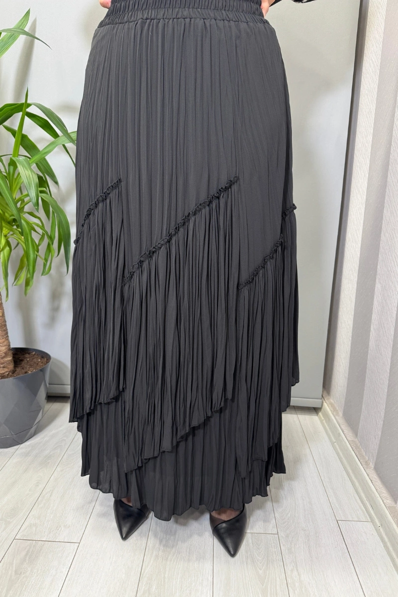 Sentez Vioala Parçalı Kırıştırma Etek Siyah 5475