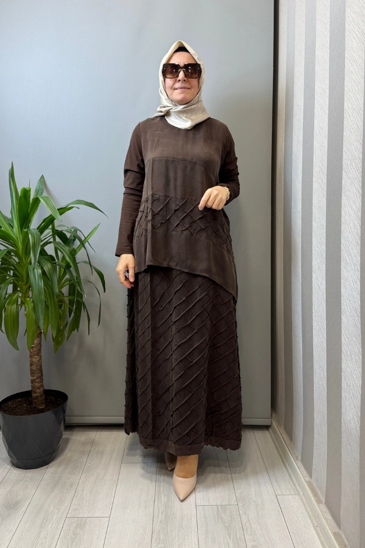 Misswhence Kafes Nervür Detaylı İpek Takım Kahve 39002