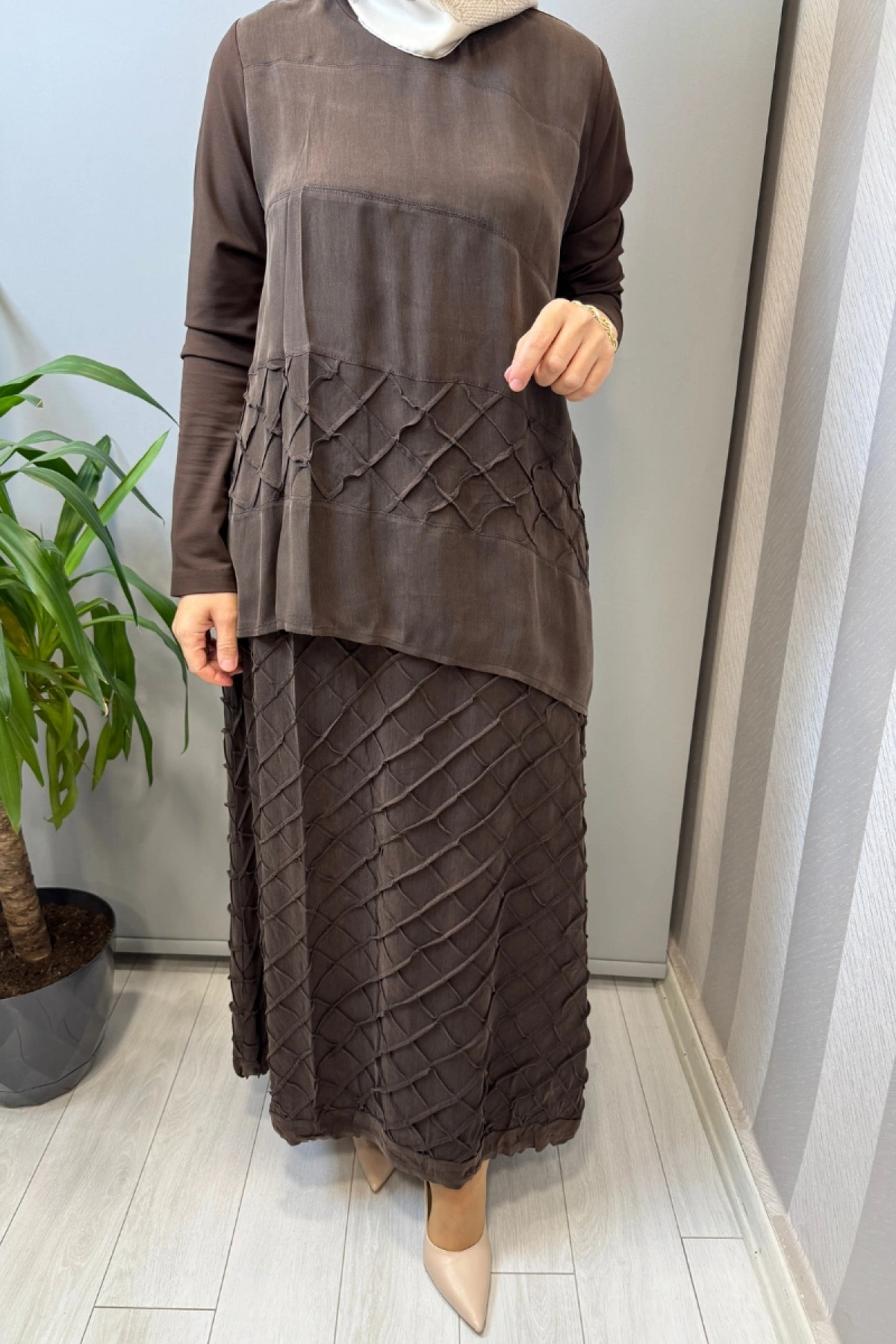 Misswhence Kafes Nervür Detaylı İpek Takım Kahve 39002