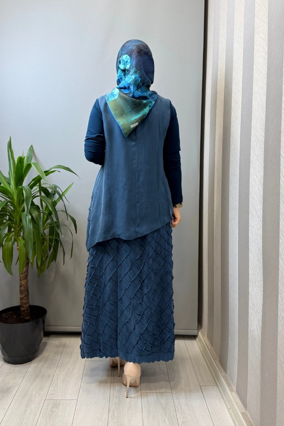 Misswhence Kafes Nervür Detaylı İpek Takım İndigo 39002