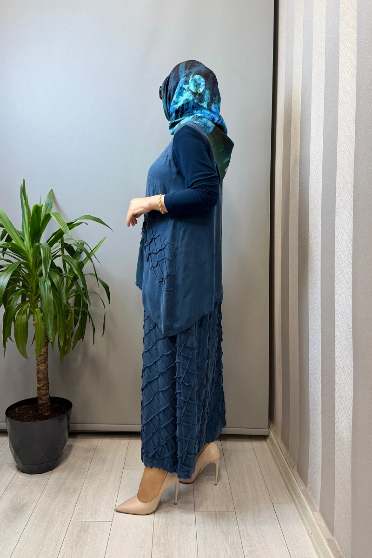 Misswhence Kafes Nervür Detaylı İpek Takım İndigo 39002