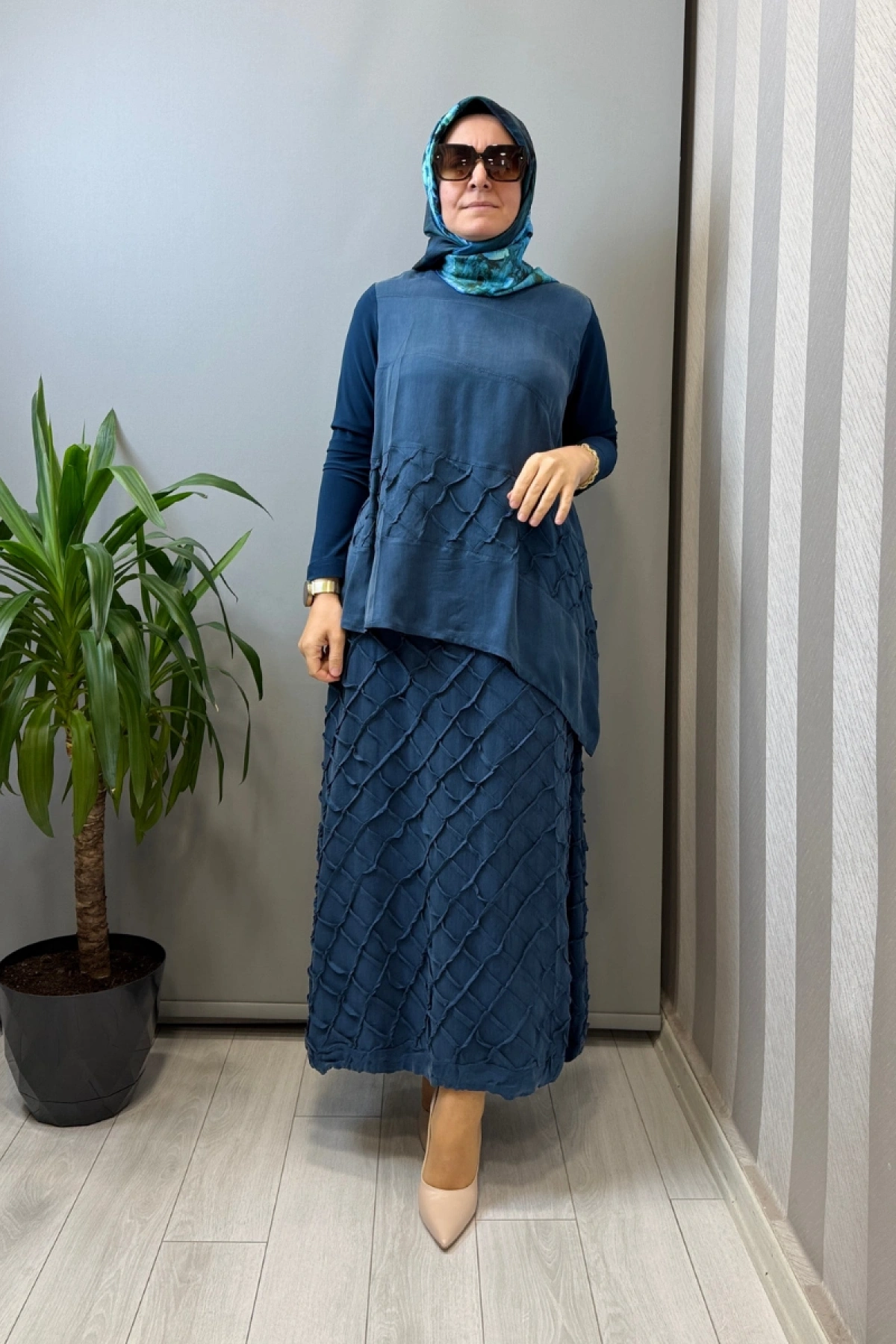 Misswhence Kafes Nervür Detaylı İpek Takım İndigo 39002