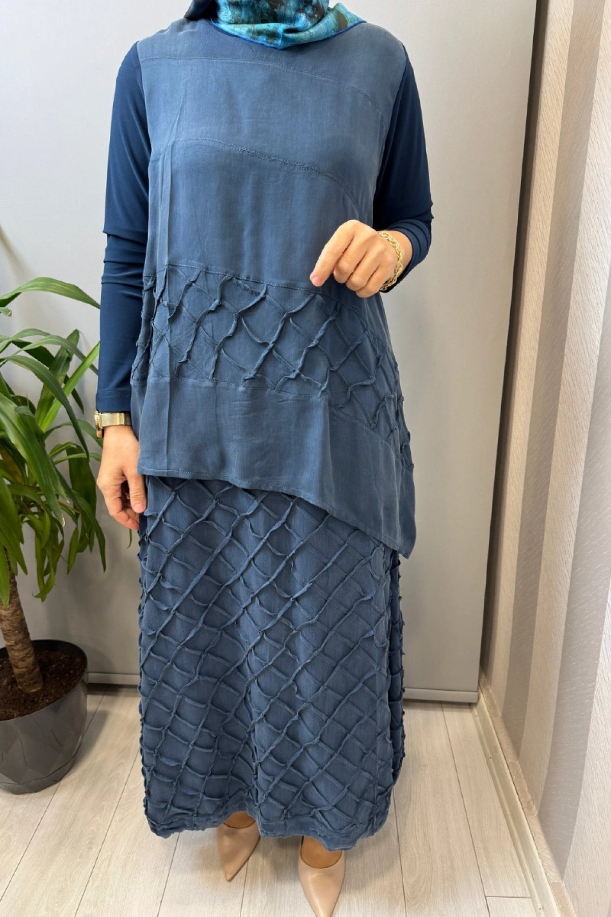 Misswhence Kafes Nervür Detaylı İpek Takım İndigo 39002