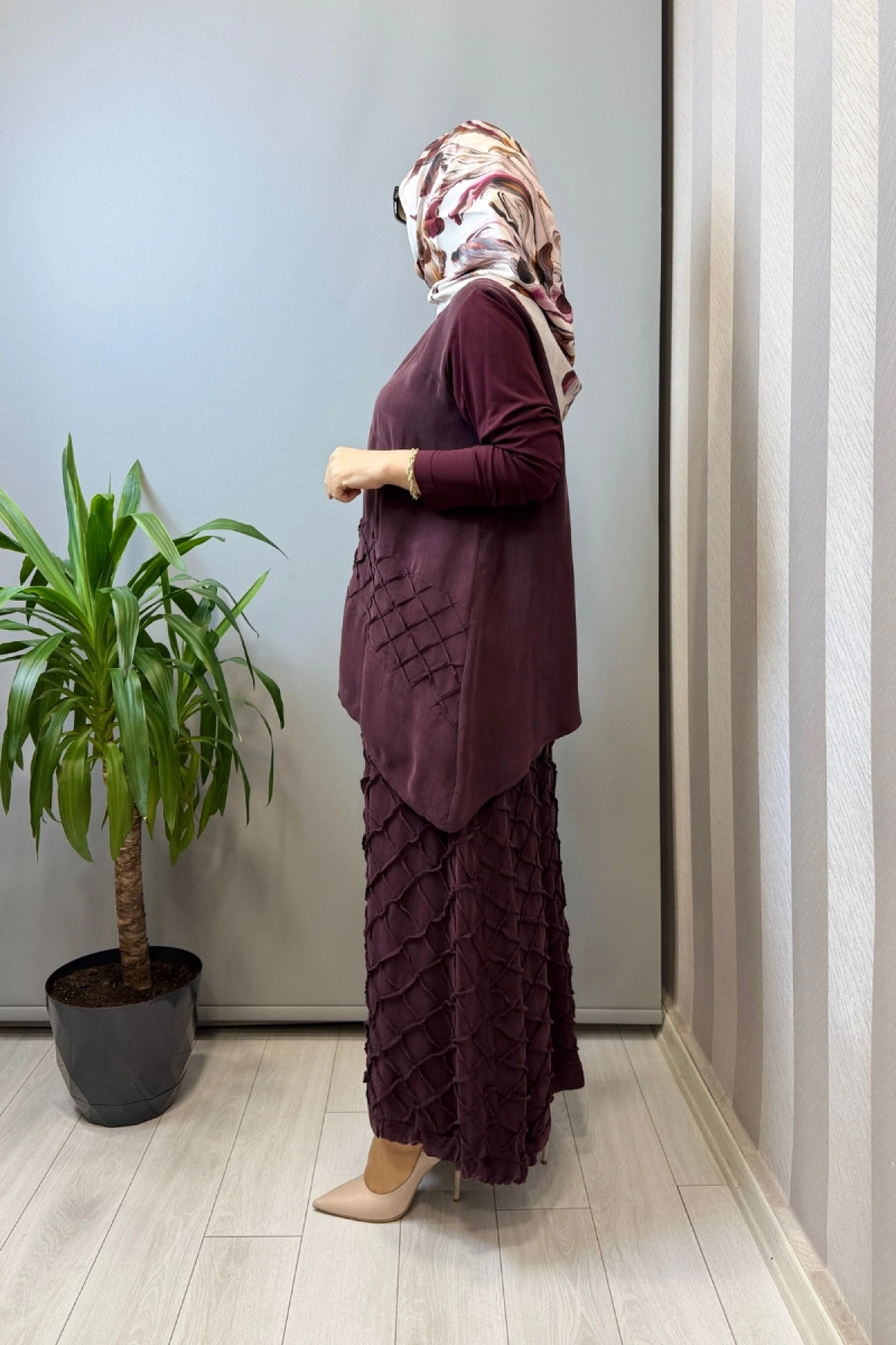 Misswhence Kafes Nervür Detaylı İpek Takım Bordo 39002