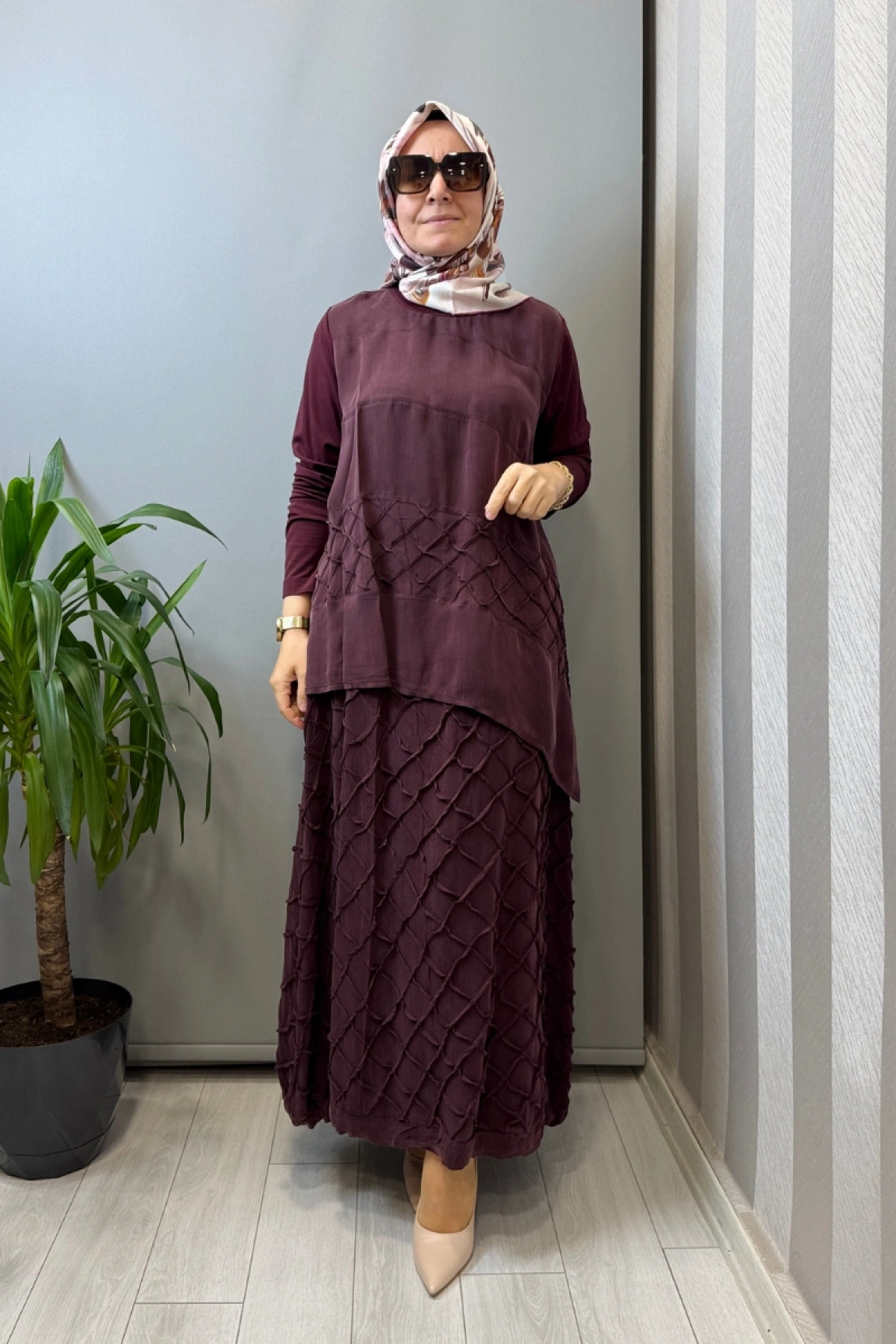 Misswhence Kafes Nervür Detaylı İpek Takım Bordo 39002