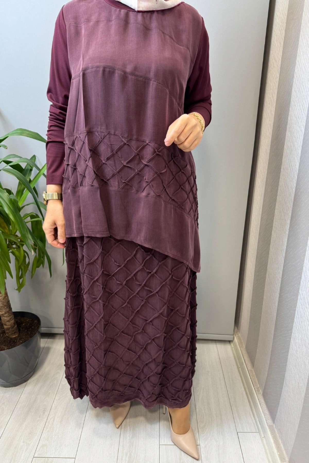 Misswhence Kafes Nervür Detaylı İpek Takım Bordo 39002