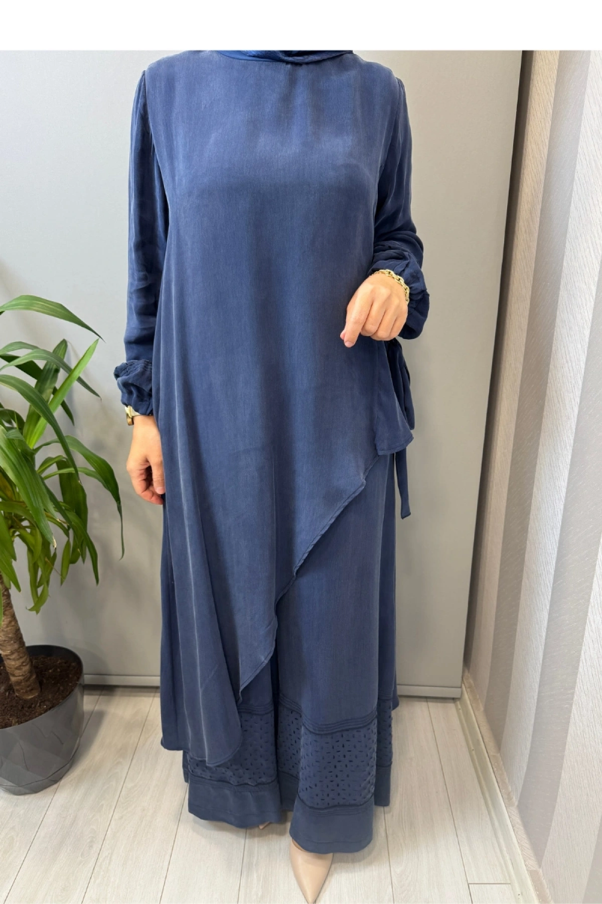 Misswhence Lazer Kesim Detaylı İpek Takım İndigo 39003