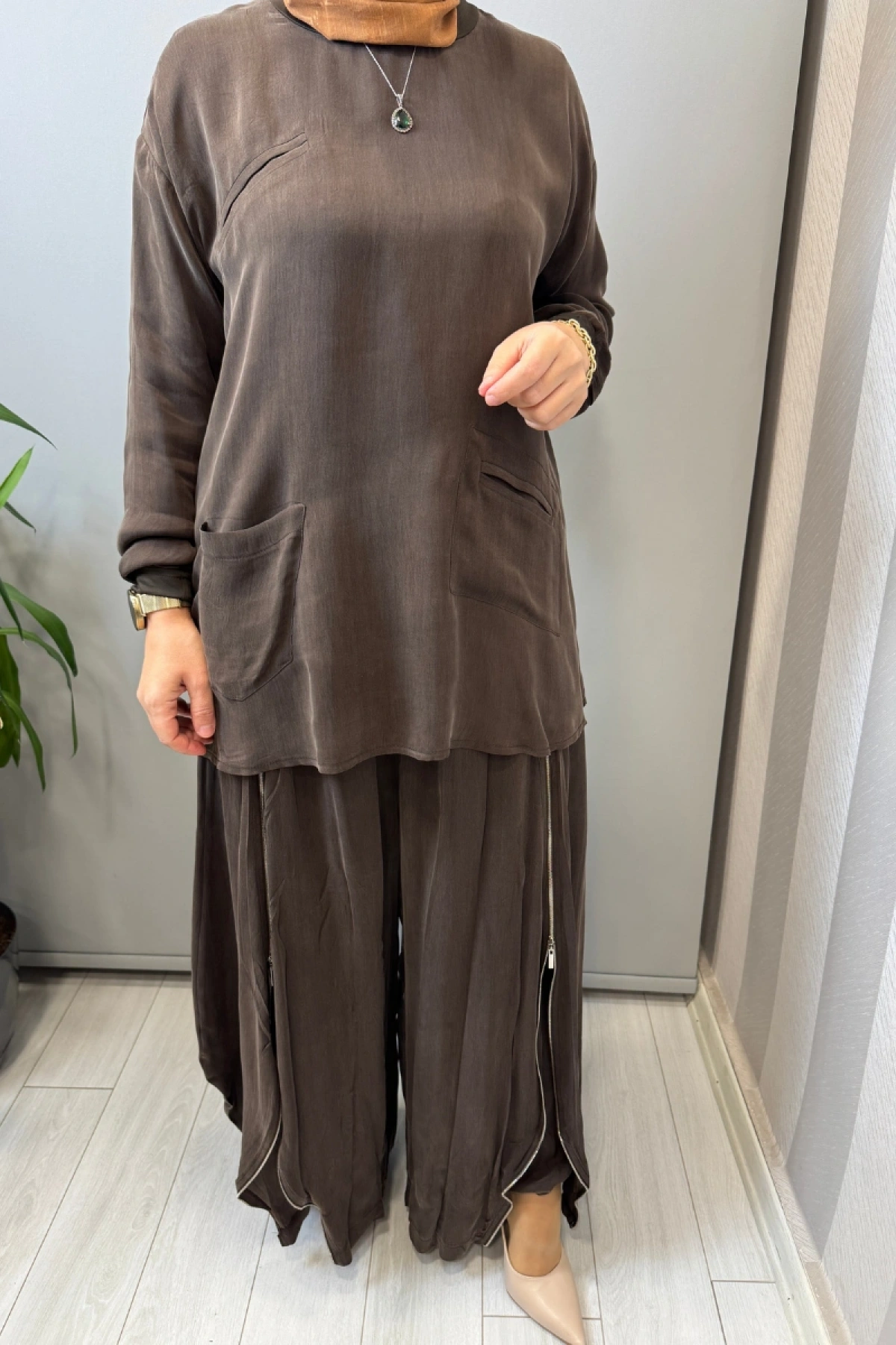 Misswhence Fermuar Detaylı Şalvarlı Takım Kahve 39004