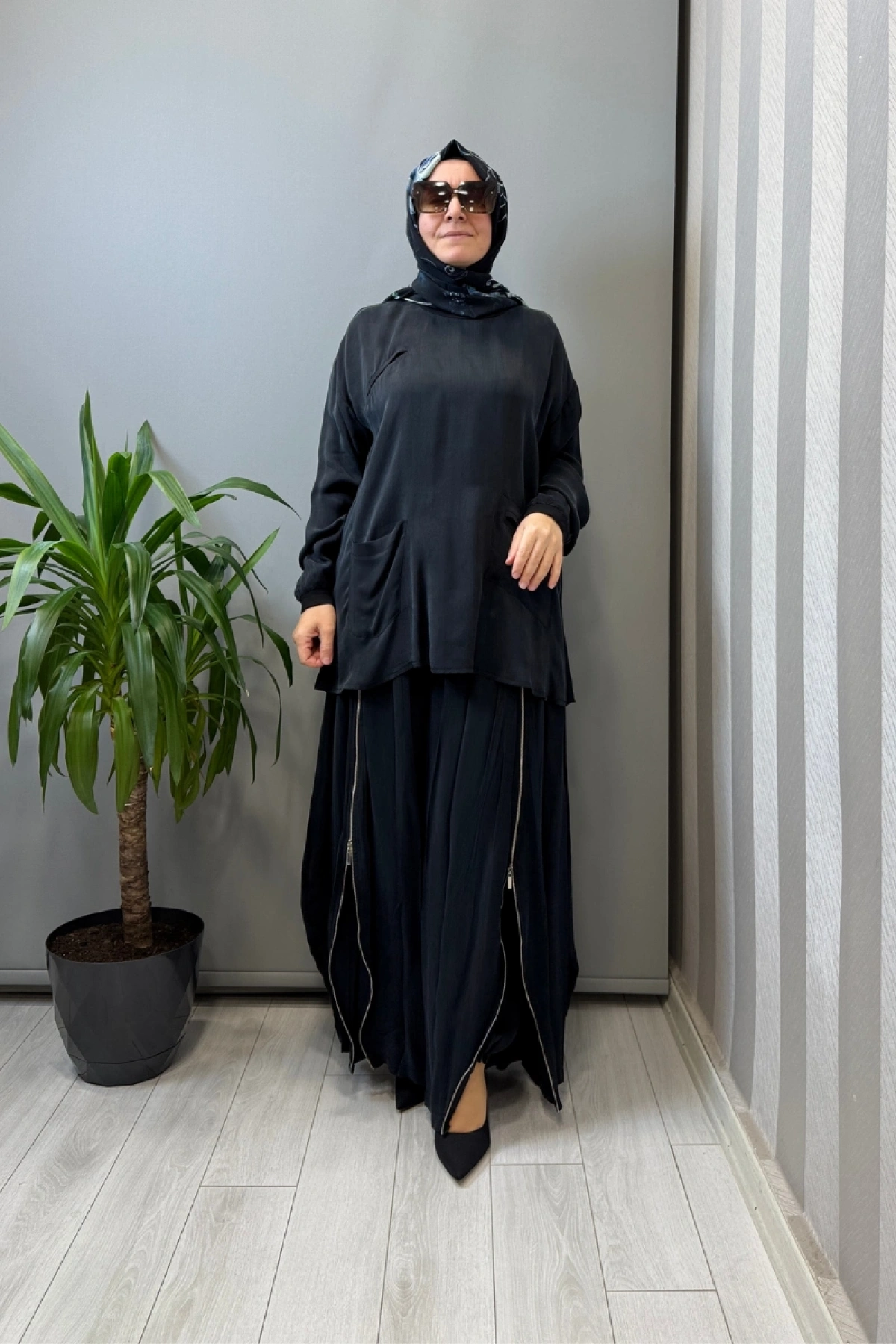 Misswhence Fermuar Detaylı Şalvarlı Takım Siyah 39004