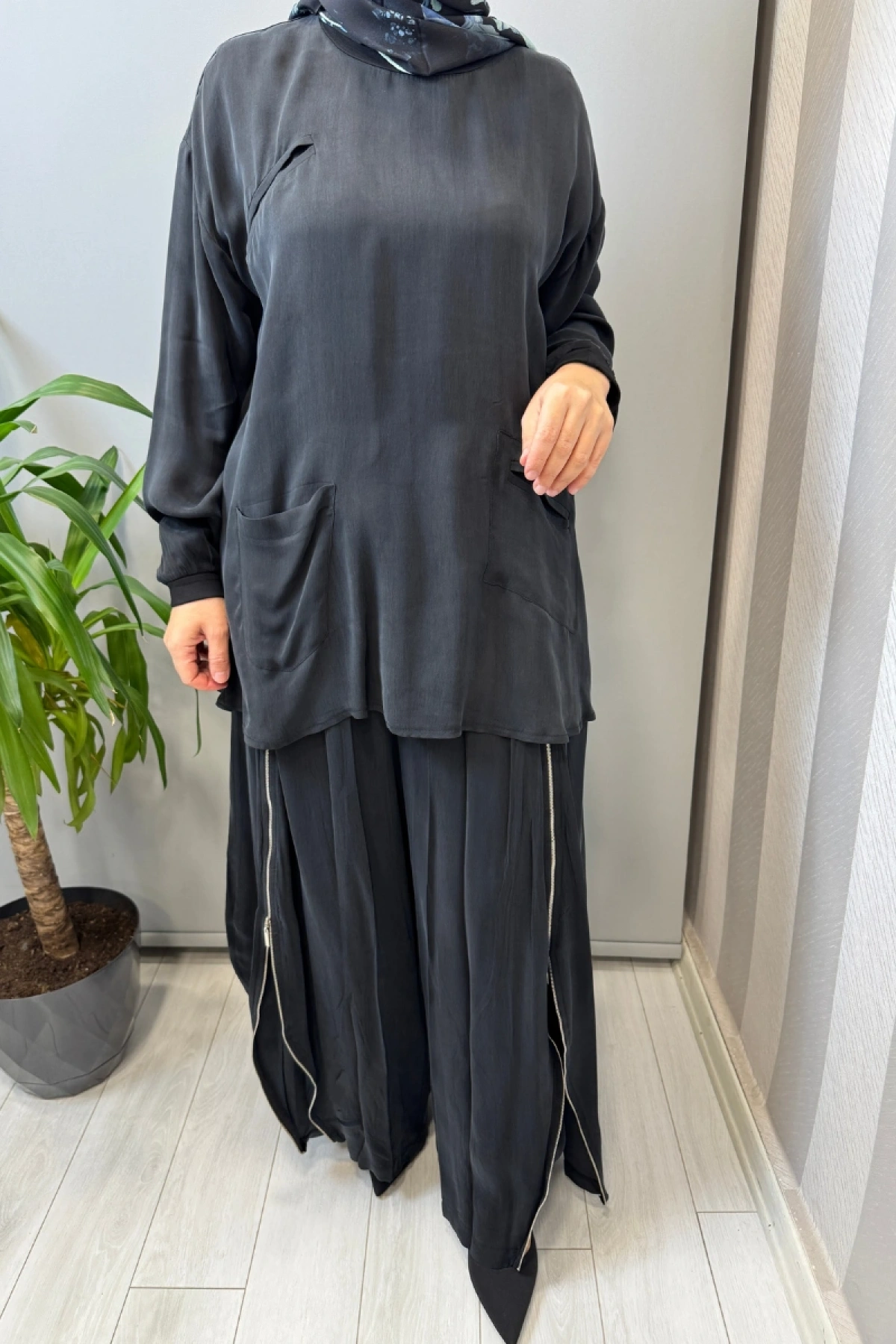 Misswhence Fermuar Detaylı Şalvarlı Takım Siyah 39004