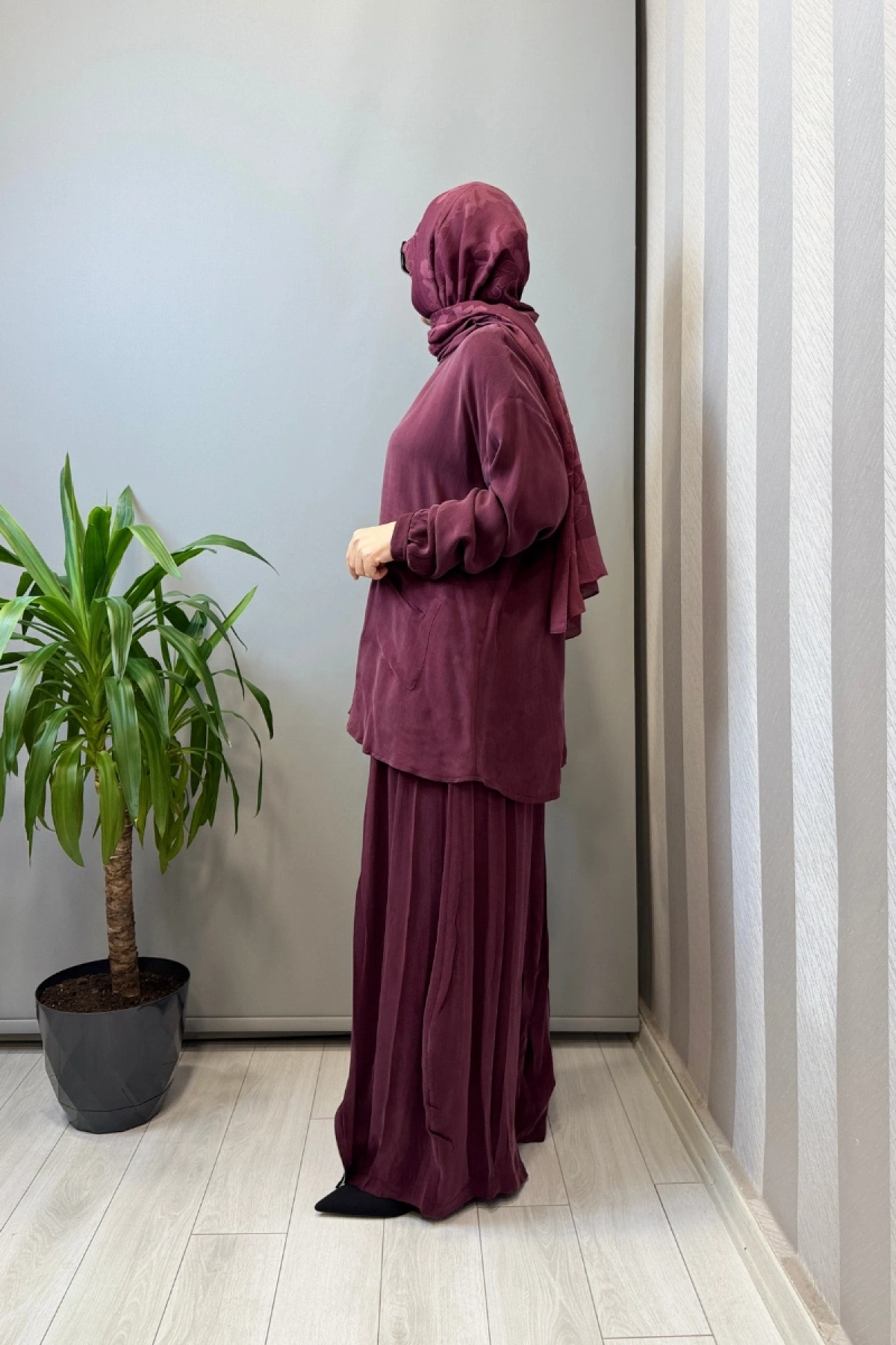 Misswhence Fermuar Detaylı Şalvarlı Takım Bordo 39004