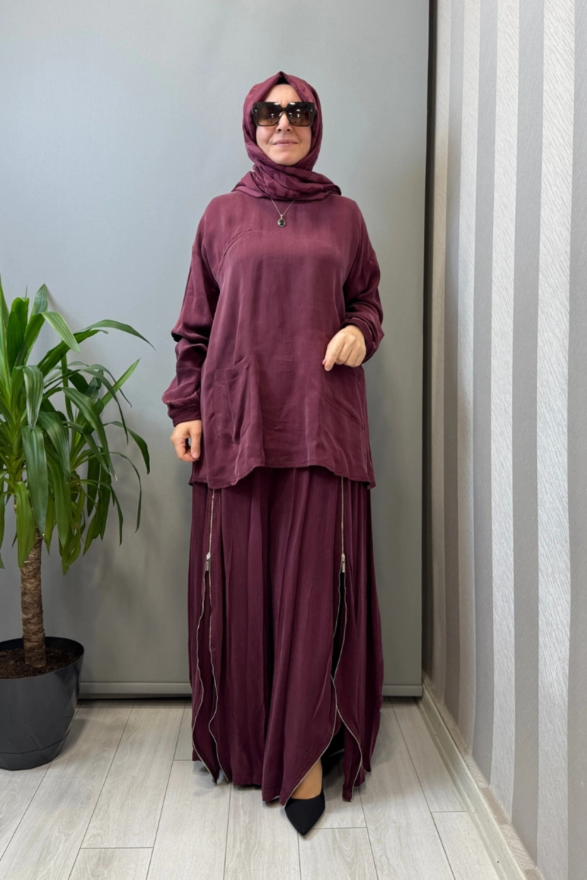 Misswhence Fermuar Detaylı Şalvarlı Takım Bordo 39004