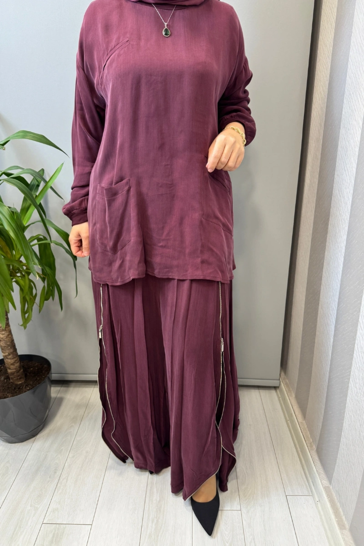 Misswhence Fermuar Detaylı Şalvarlı Takım Bordo 39004