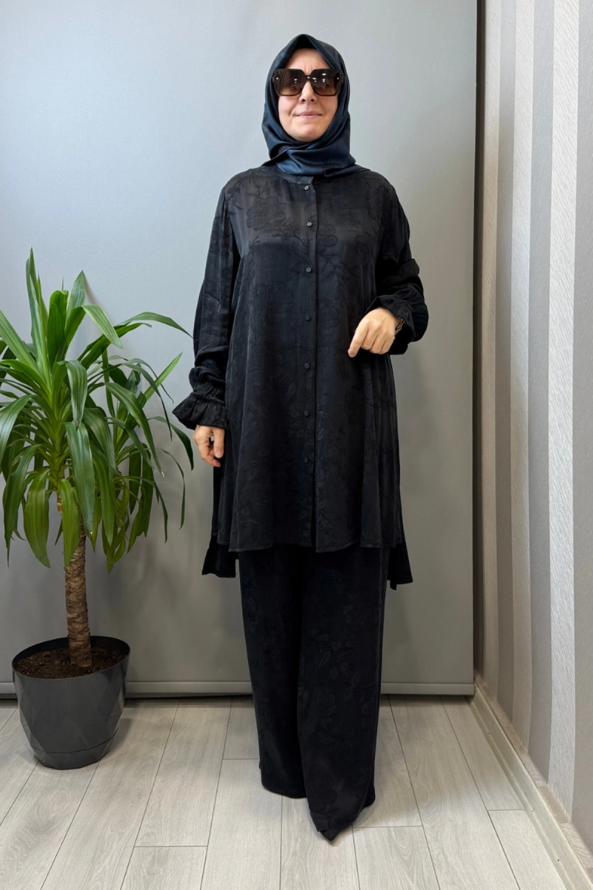 Misswhence Çıtçıtlı İpek Gömlek Takım Siyah 39019