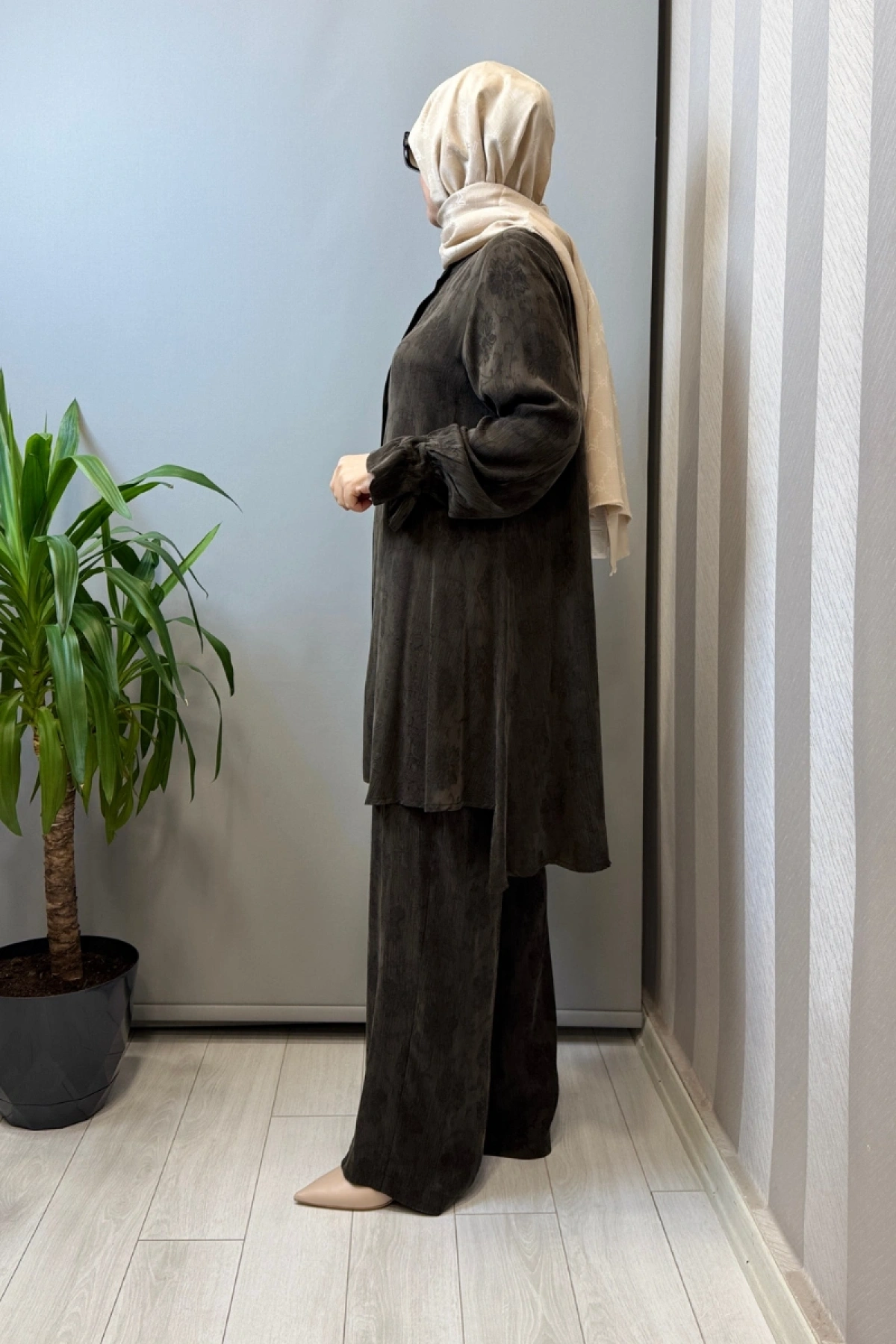 Misswhence Çıtçıtlı İpek Gömlek Takım Kahve 39019