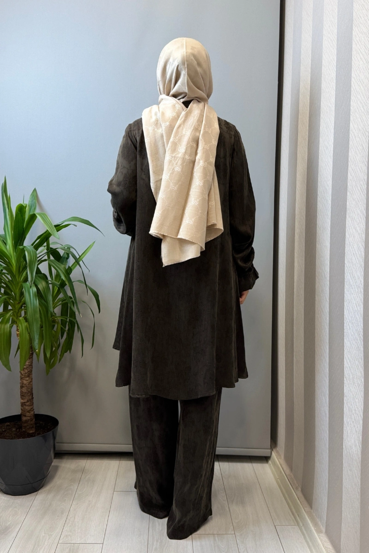 Misswhence Çıtçıtlı İpek Gömlek Takım Kahve 39019