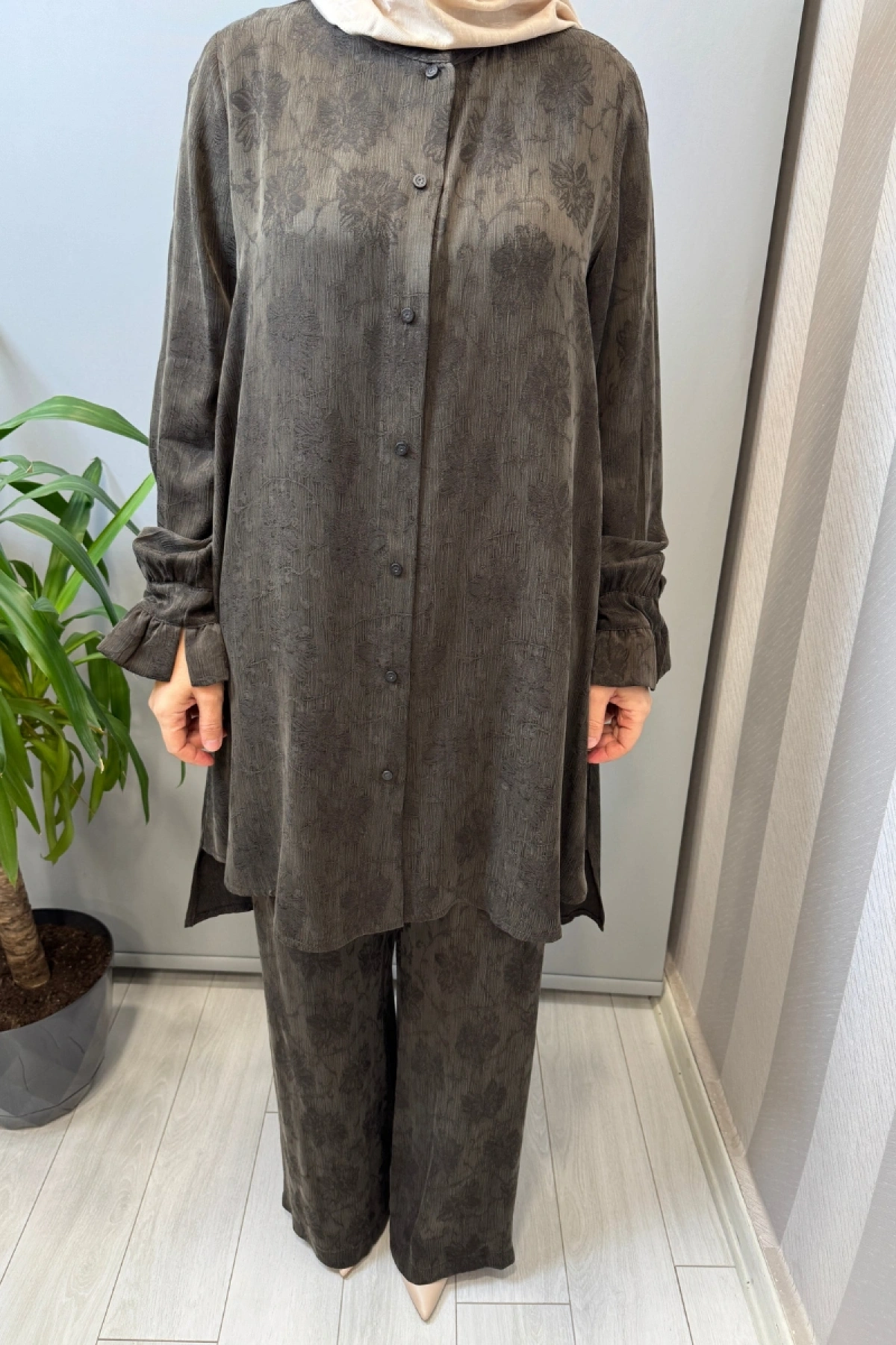 Misswhence Çıtçıtlı İpek Gömlek Takım Kahve 39019