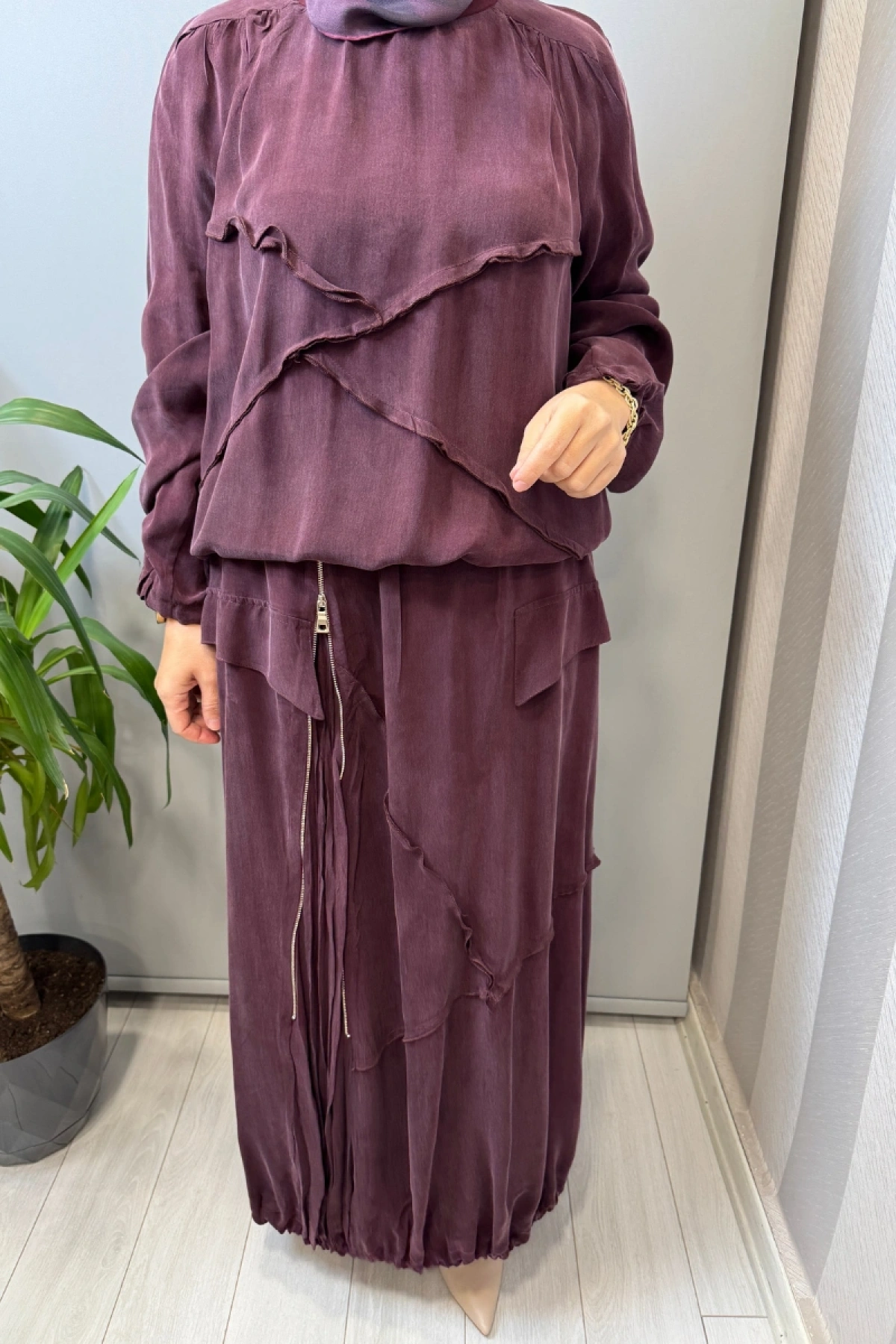 Misswhence Ters Dikiş Detaylı İpek Takım Bordo 39020