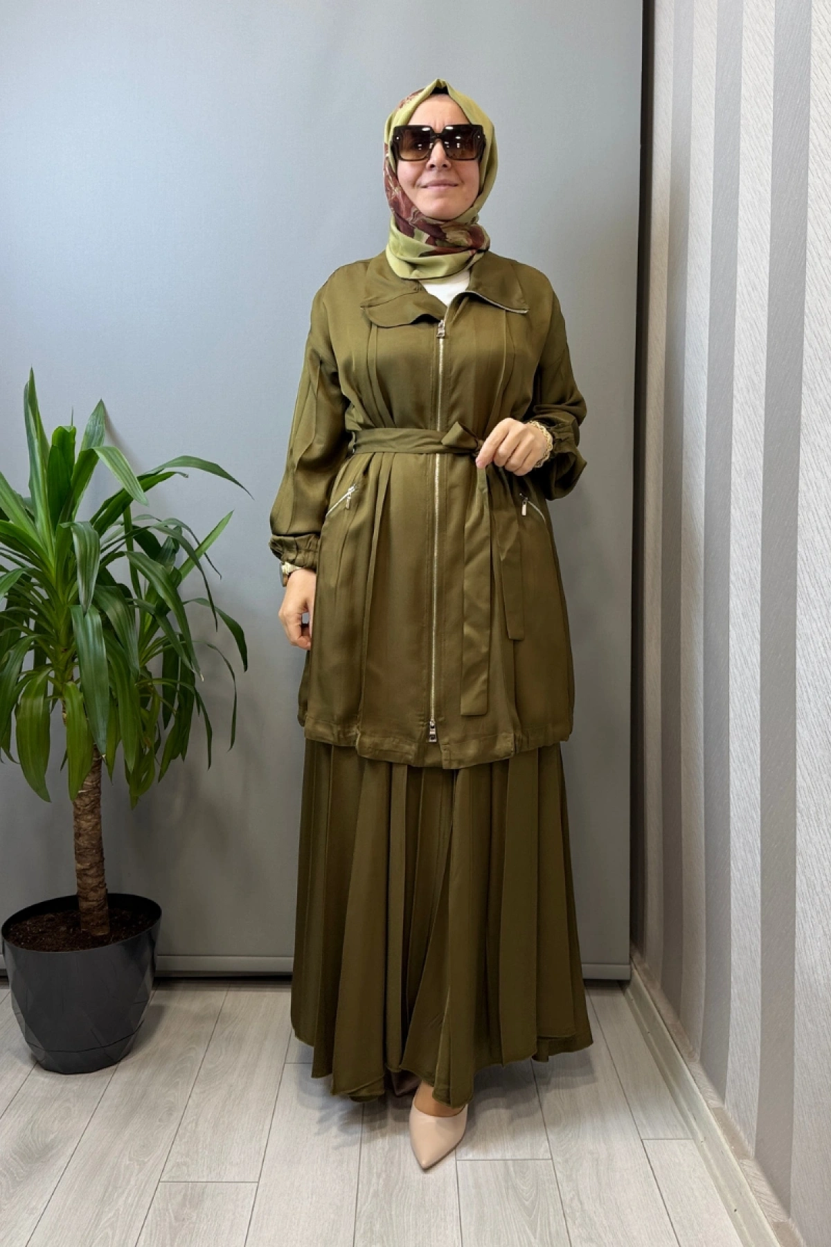 Misswhence Fermuar Detaylı Ceketli Etek Takım Haki 39203