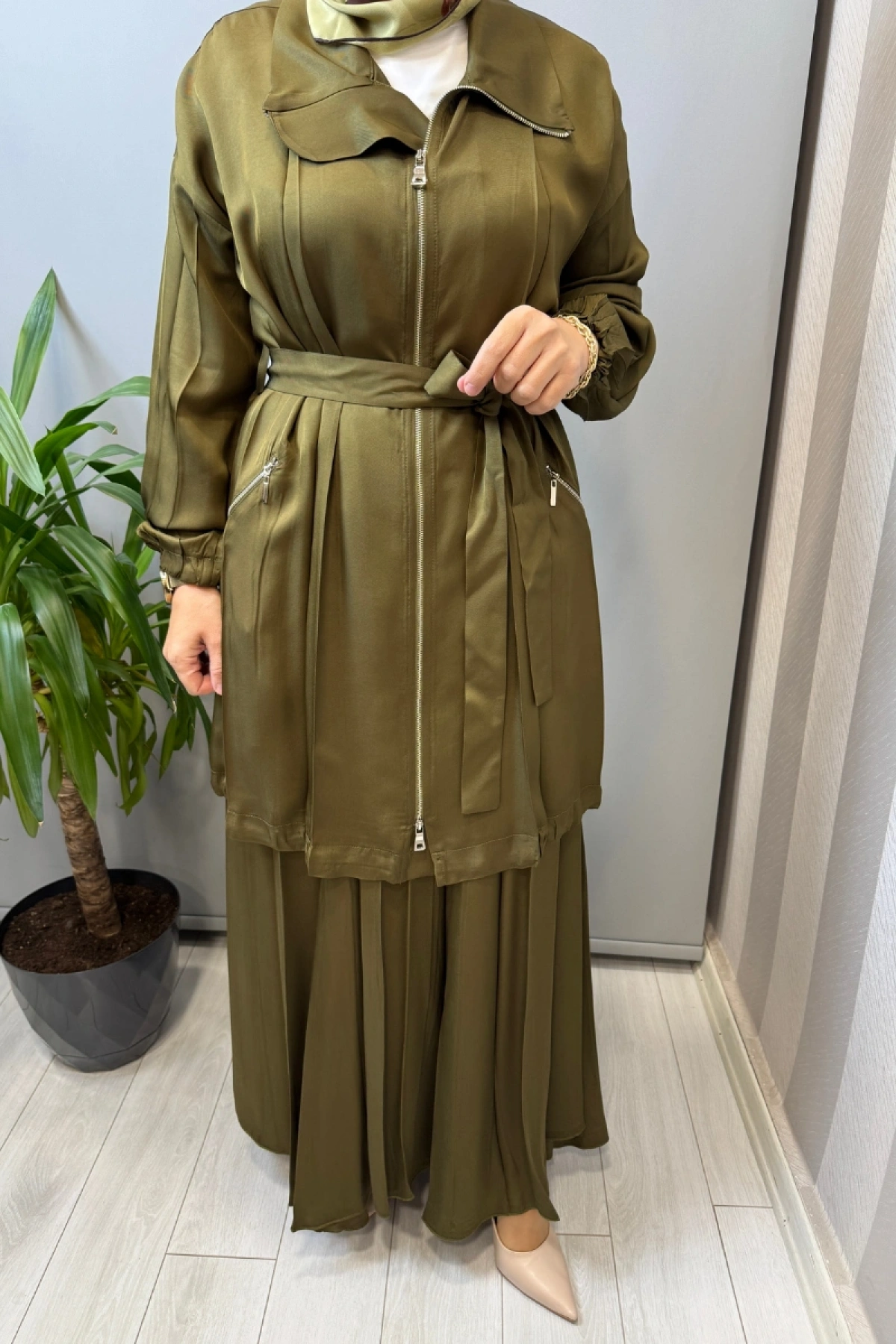 Misswhence Fermuar Detaylı Ceketli Etek Takım Haki 39203