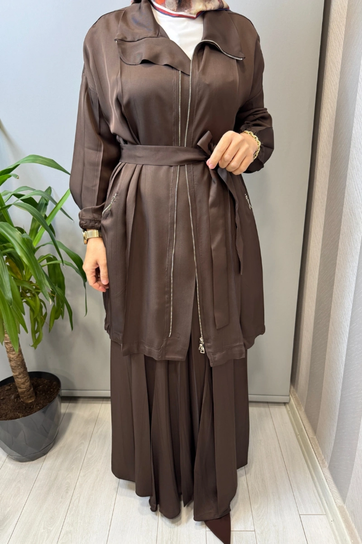 Misswhence Fermuar Detaylı Ceketli Etek Takım Kahve 39203