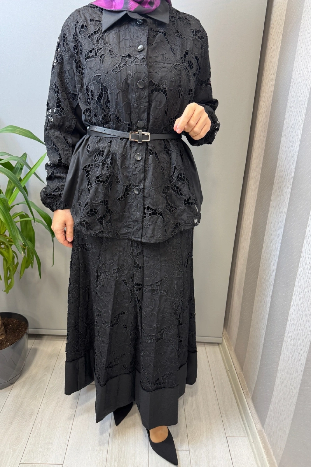 Misswhence Delik İşi Poplin Detaylı Takım Siyah 39306