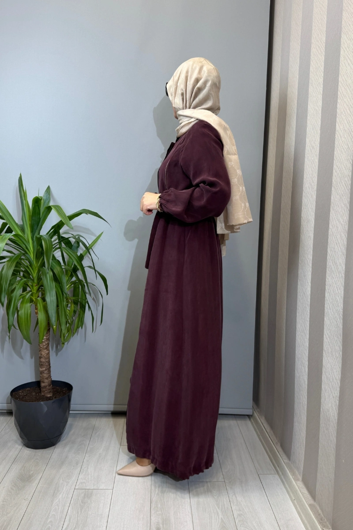 Misswhence Fermuar Detaylı İpek Ferace Bordo 39501