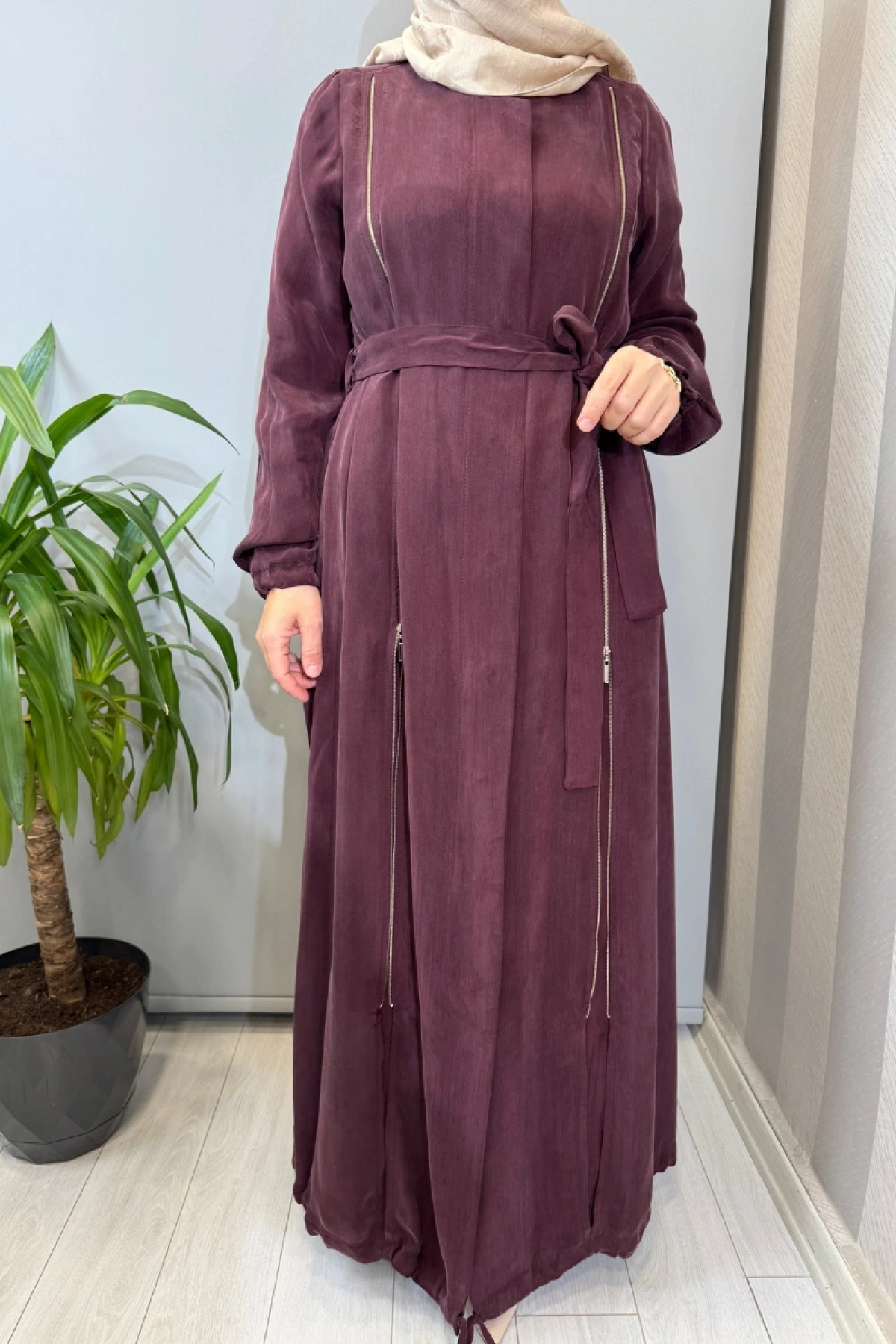 Misswhence Fermuar Detaylı İpek Ferace Bordo 39501