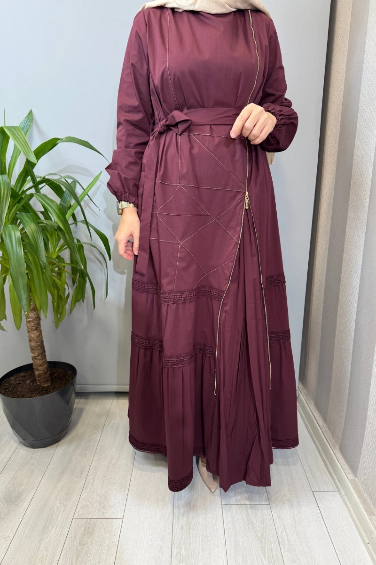 Misswhence Fermuar ve Dikiş Detaylı Poplin Elbise Bordo 39807